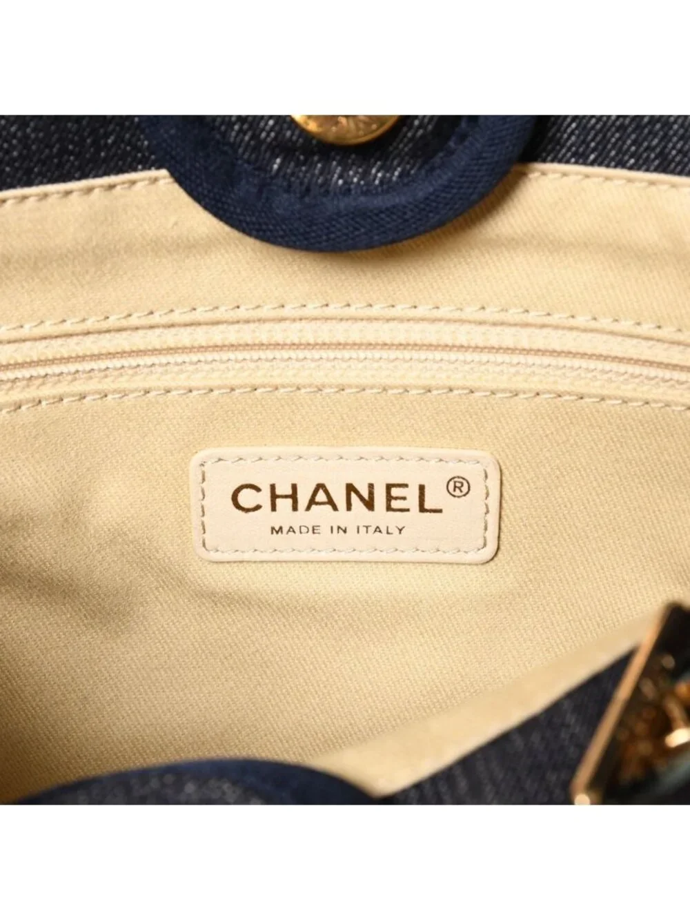 Chanel Deauville PM Chain Tote Shoulder Bag Denim Canvas CC Logo Navy Gold